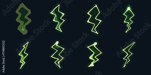 Collection of eight stylized green lightning bolt icons with a dark background
