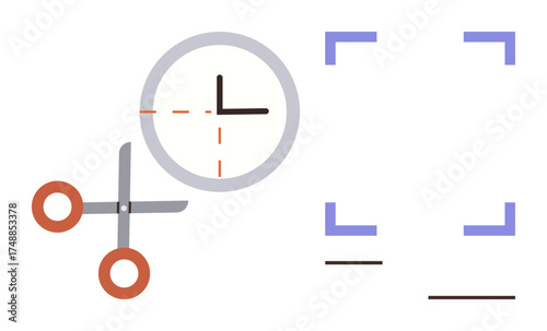 Clock with scissors cutting through its frame surrounded by cropping markers. Ideal for time management, editing, prioritization, scheduling, deadlines, decision-making, planning. Simple flat