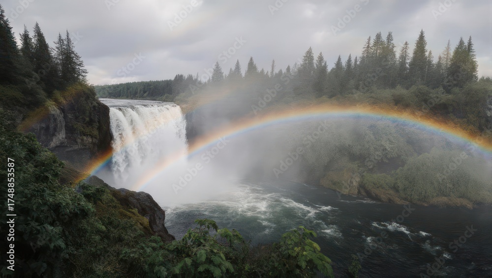 Fototapeta premium Dramatic waterfall cascades into river below, framed by forest and vibrant rainbow arching across