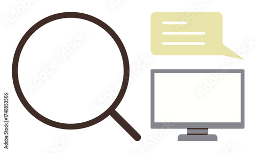 Magnifying glass emphasizes search. Computer screen with a message bubble shows communication, support, analysis. Ideal for information technology, customer support, education, discussion
