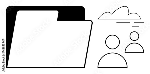 Large file folder symbol with two user icons and a cloud suggesting data sharing, collaboration, or storage. Ideal for teamwork, cloud storage, communication, file sharing, networking, business data