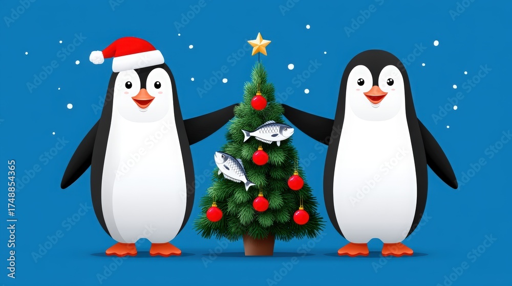 Obraz premium Cute Penguins Celebrating Christmas with Festive Tree and Ornaments