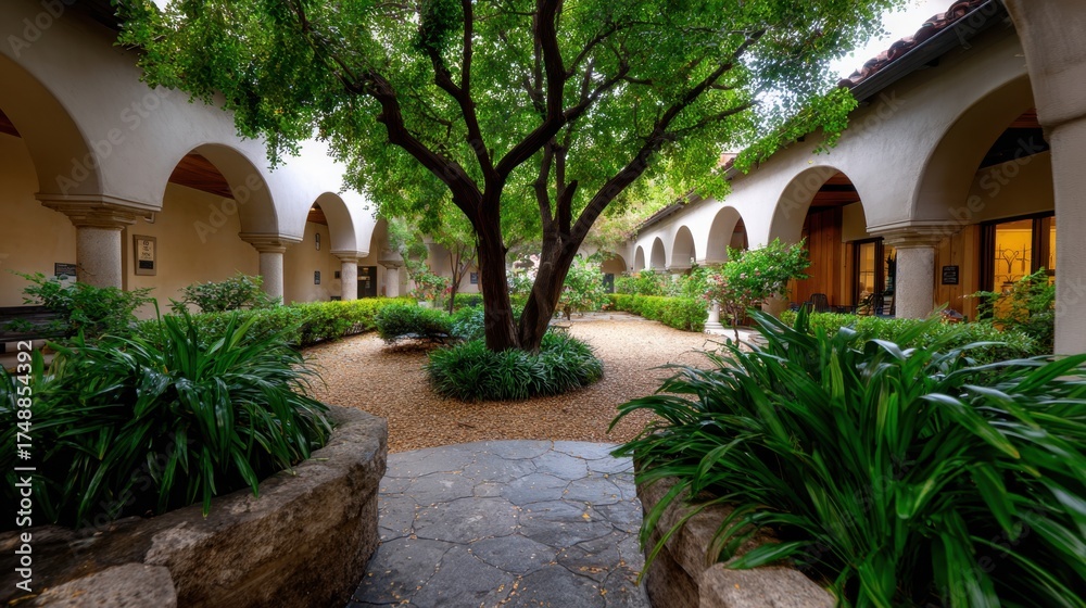 Fototapeta premium Serene Courtyard with Lush Greenery and Tranquil Tree Centerpiece