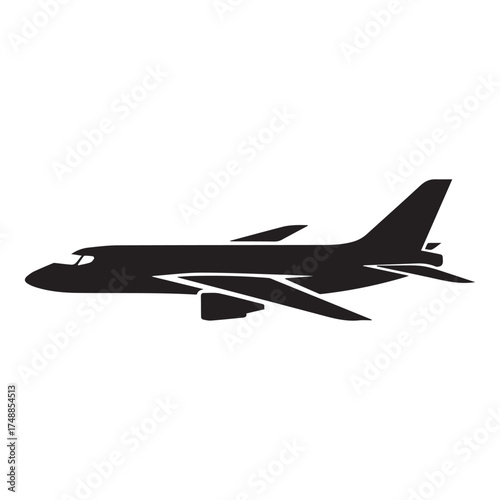 Silhouette of a modern commercial jet airplane in profile view on a white background aircraft