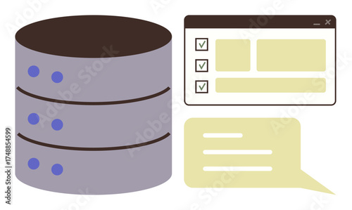 Database stack with three tiers alongside a browser window displaying a checklist and a speech bubble suggesting dialogue or messaging. Ideal for technology, cloud storage, collaboration