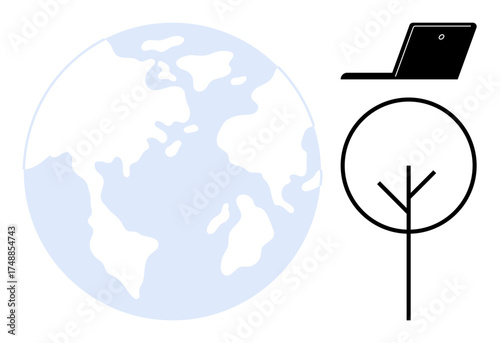Earth globe, minimalistic tree, and laptop highlight sustainability, environmental conservation, global communication, modern technology. Ideal for ecology, remote work, tech innovation green