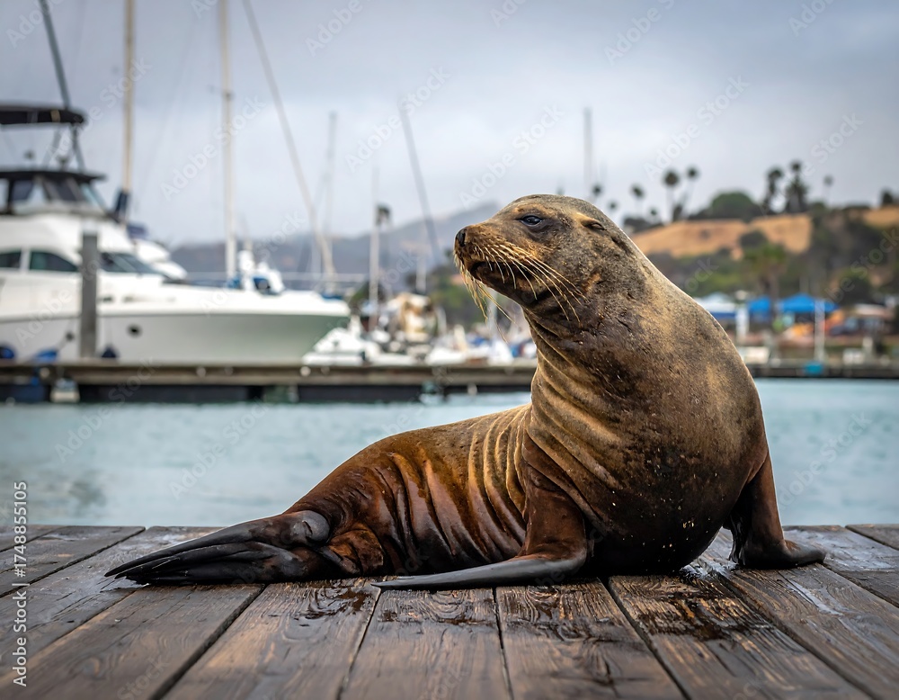 Fototapeta premium A harbor seal rests serenely on a wooden dock, its gaze directed towards the distant yachts.