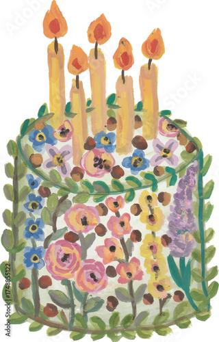 Floral birthday cake with candles on it watercolor art