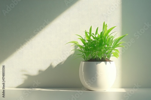 Potted green plant basking in sunlight against a wall