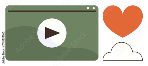 Green media player window with play button alongside orange heart and cloud. Ideal for streaming, online video, entertainment, technology, cloud storage, digital connection, and creativity. Simple