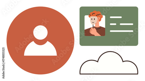 Abstract user icon, illustrated ID card with profile picture and details, cloud outline. Ideal for identity, online account, security, data storage, technology, networking simple flat metaphor
