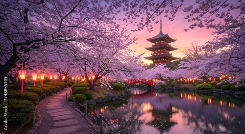 Cherry Blossom Park with Traditional Pagoda and Reflection at Sunset