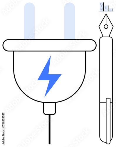 Plug with lightning icon and pen side by side, symbolizing energy, creativity, and ideas. Ideal for innovation, productivity, technology, renewable energy, brainstorming writing and inspiration