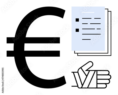 Black Euro sign next to stacked documents and hand gesture indicating approval. Ideal for finance, contracts, agreements, legal, investment, compliance, Europe. Simple flat metaphor