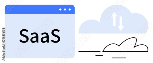 Browser window labeled SaaS next to a cloud graphic with arrows symbolizing data transfer. Ideal for cloud computing, software, data sharing, innovation, technology, business, simple flat metaphor
