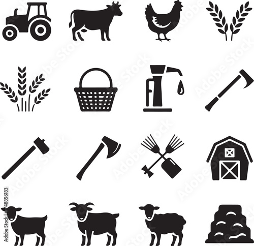 Farm icons tractor cow chicken wheat basket pump axe barn goat sheep hay