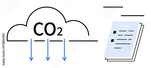 Cloud emitting CO2 with blue downward arrows beside stacked papers. Ideal for sustainability, carbon footprint, climate change, emissions reduction, paper usage, eco-conscious choices, simple flat