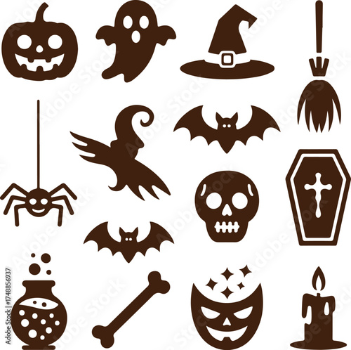 Halloween icons pumpkin ghost witch hat broom spider bat skull coffin potion bone mask candle