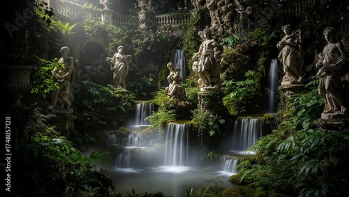 Ancient stone statues surrounded by lush tropical plants and cascading waterfalls in mystical hidden garden. Nature architecture concept