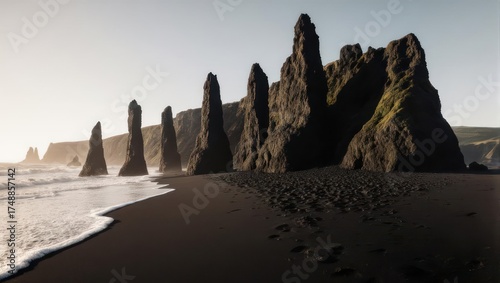 Jagged black rock formations jut from a dark sand beach at the edge of a calm ocean