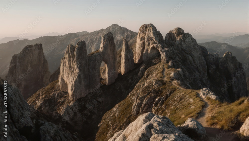 Fototapeta premium Jagged mountain peaks, stone arch formation, and hiking trail under a warm, golden sun
