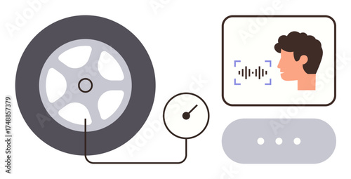 Tire with a pressure gauge connected to voice assistant interface. Ideal for automotive innovation, smart technology, voice command, AI solutions, diagnostics, safety, user experience. Perfect simple