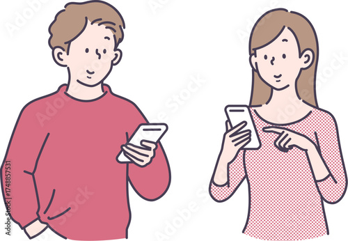 スマホを見る男女のイラスト