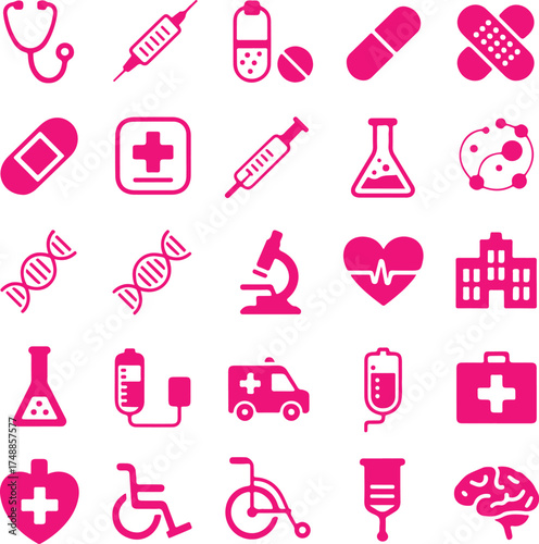 Medical icons stethoscope syringe pill bandage D N A microscope heart hospital ambulance I V bag first aid kit