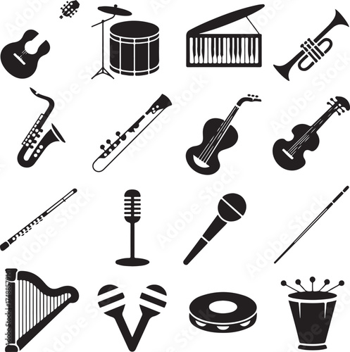 Musical instruments collection black silhouettes guitar