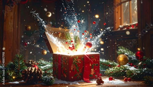 A festive Christmas gift box bursts open with a dazzling display of light and festive decorations.
