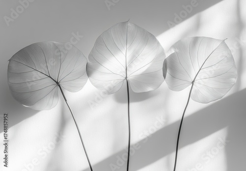 Three backlit heart-shaped leaves with strong shadows, grayscale