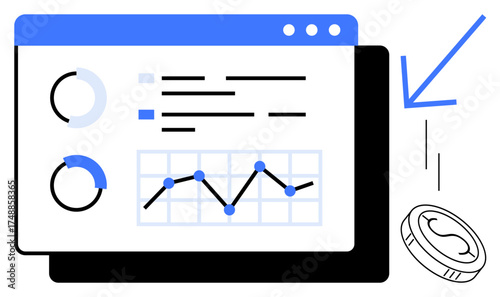 Analytical dashboard featuring pie charts, bar graphs, and line charts with a falling coin. Ideal for finance, data analysis, investment, economy, management reporting business growth. Simple flat
