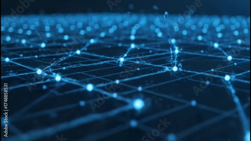 Blue digital grid with moving nodes