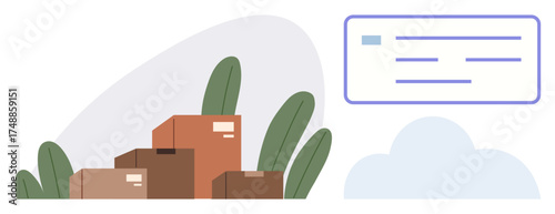 Stacked cardboard boxes and plants represent delivery or logistics. Blue message bubble and cloud highlight digital communication. Ideal for e-commerce, logistics, remote work, networking, cloud