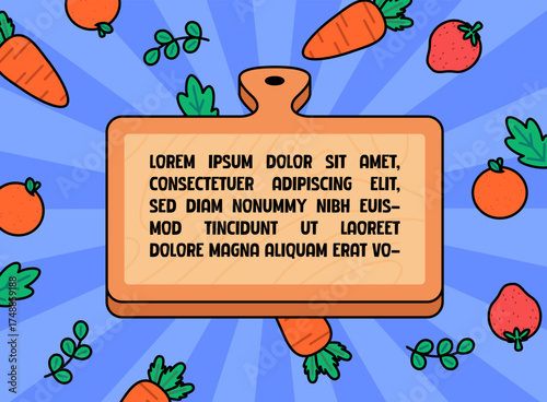 Wooden cutting board with placeholder text surrounded by carrots, strawberries, oranges, and green leaves for food blogs, recipe templates, cooking guides vector illustration cartoon