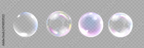 realistic colorful soap bubbles to create a design. Transparent realistic soap bubbles isolated on transparent background.