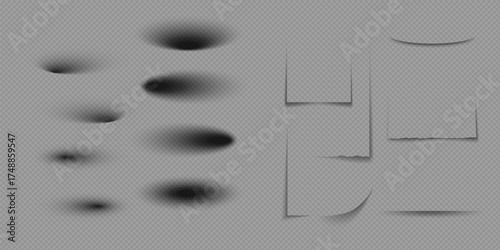 Set of realistic shadow effect on a transparent background different shapes, page separation vectors.