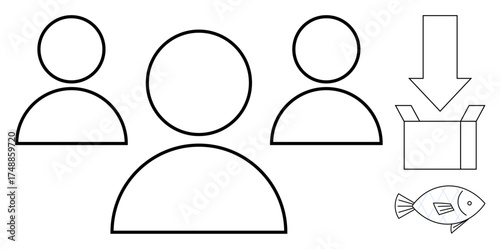 Three outlined human figures, arrow pointing to open box, simple fish object suggesting distribution, teamwork, resource management. Ideal for business, cooperation, logistics, sustainability