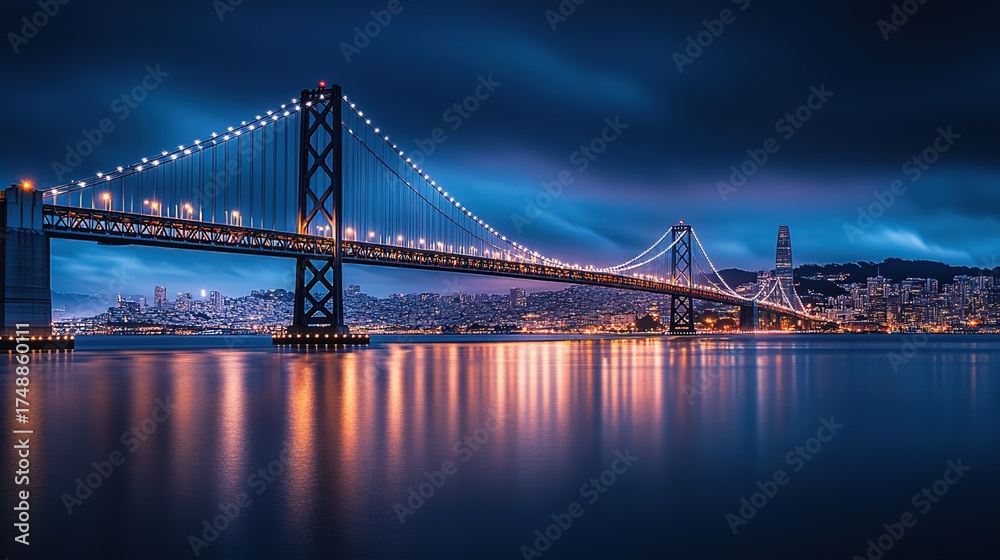 Obraz premium Urban Cross-Sea Suspension Bridge Night Scene: Dazzling Lights and Water Reflections Intertwined in Modern Engineering Marvel for Infrastructure Promotion, Tourism Campaigns and Cityscape Design