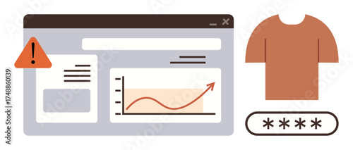 Warning triangle, graph with upward trend, password input, and t-shirt element. Ideal for cybersecurity, e-commerce, data protection, online shopping, website safety sales analytics alert design