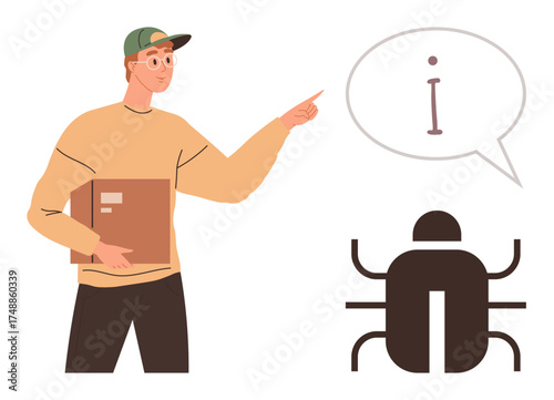 Person holding laptop points at bug icon with speech bubble overhead, symbolizing issue resolution, technology, problem-solving, debugging, programming, communication, and development simple flat