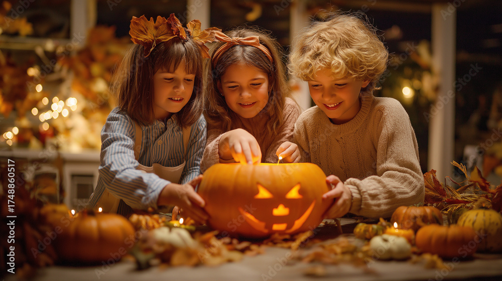 Fototapeta premium Family Carving Pumpkins for Halloween Celebration – Children Making Jack O’Lantern and Decorating Home for Trick or Treat Holiday Fun