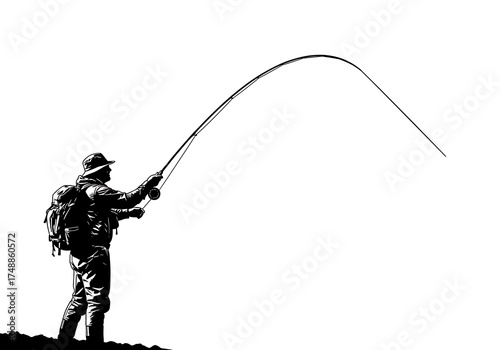 Silhouette of a fly fisherman casting a rod isolated on white background