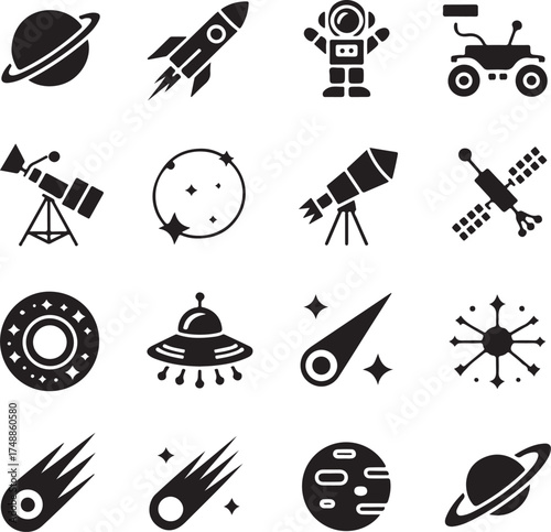 Space exploration and celestial bodies icons planet