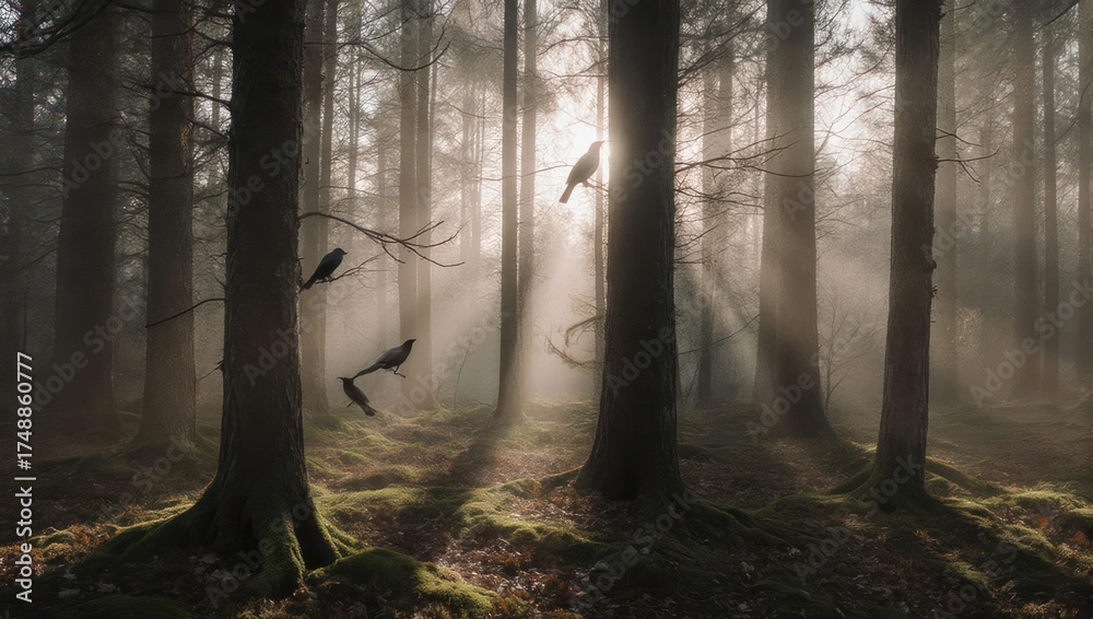 Fototapeta premium Mystical forest scene with sunlight piercing through trees, featuring crows in the air