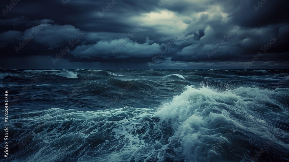 Fototapeta premium Dark dramatic sea waves under heavy storm clouds, cinematic moody ocean background.