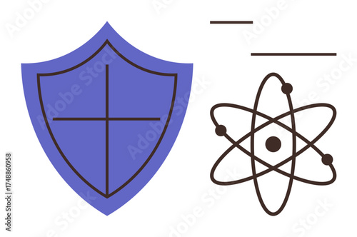 Shield with cross symbolizes protection, alongside atom model representing science and technology. Ideal for themes thumbs up security, innovation, education, energy, research, safety, simple flat