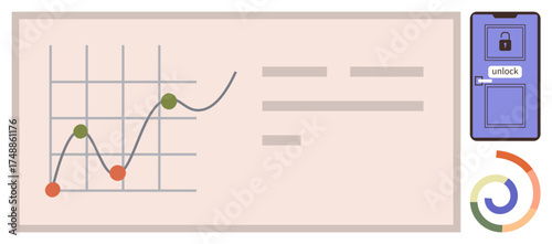 Line chart with data points on a grid, a locked door with key access, and a circular pattern. Ideal for analysis, security, access, progress, innovation strategy success. Simple flat metaphor
