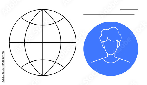 Globe outline paired with a user profile in a blue circle and abstract lines. Ideal for identity, globalization, networking, communication, online presence, technology, and digital services. Simple
