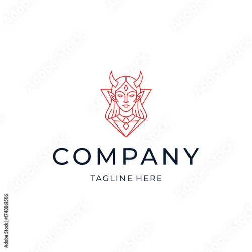 Line art demon girl logo design. simple fantasy flat icon illustration vector